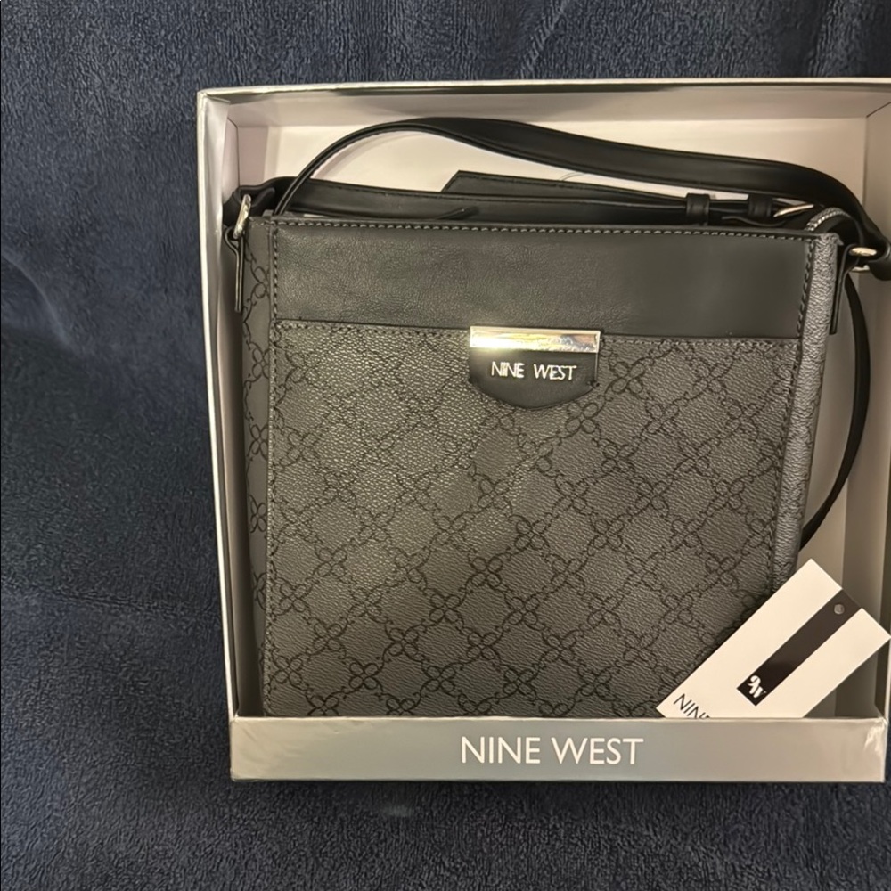 Nine West Gray and Black Messenger Bag with Logo Print